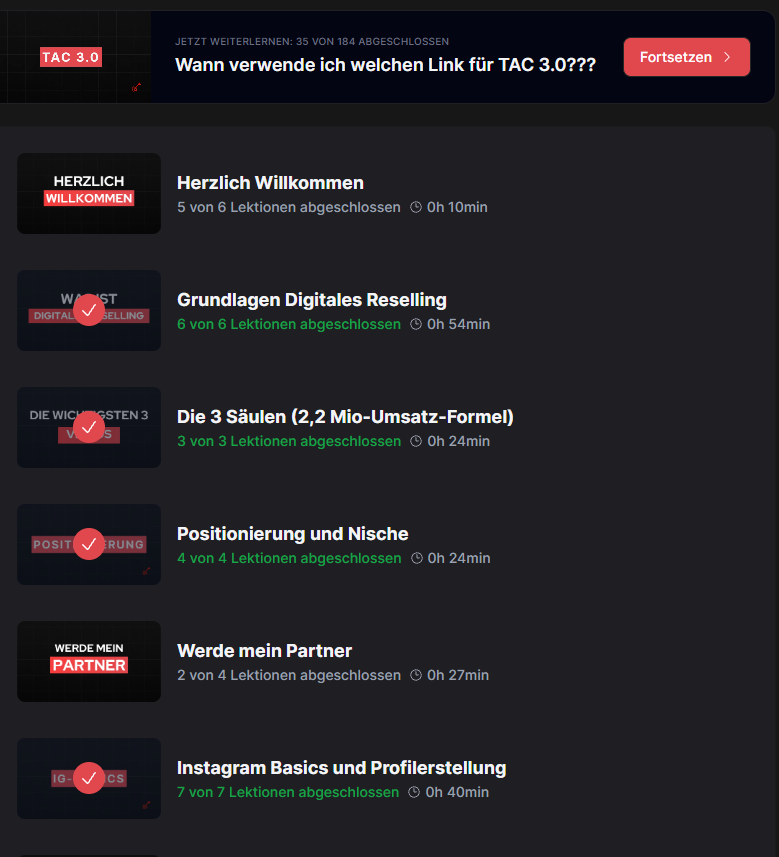 Original-Screenshot: Mitgliederbereich von The Affiliate Code mit Kursmodulen und Lektionsfortschritt