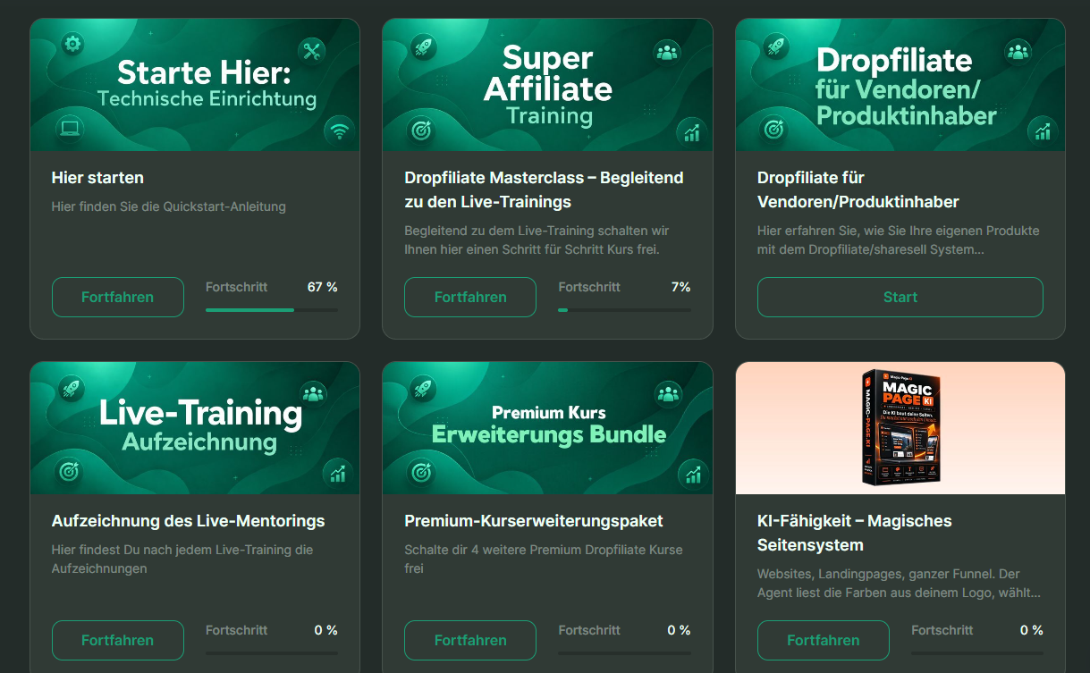 Original-Screenshot: Kurse und Trainings im Dropfiliate-Mitgliederbereich